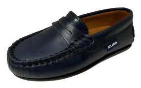 Atlanta Mocassin Boy's and Girl's Smooth Leather Penny Loafers, Navy Blue Sierra Antik