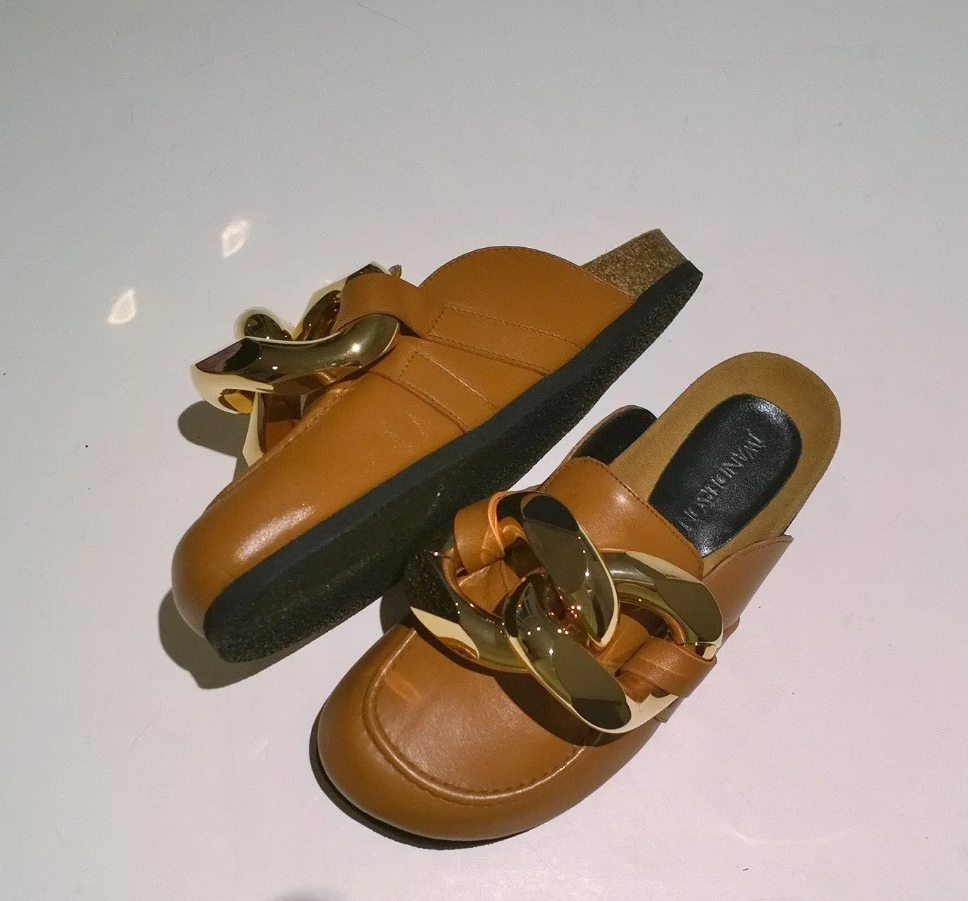 JW Anderson Chain Loafers Slippers in Tan Leather